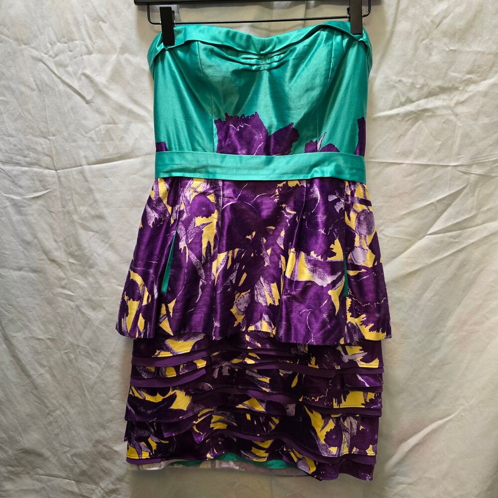 BCBGMaxazria Ultraviolet‎ Strapless Tiered satin mini dress 6 green purple